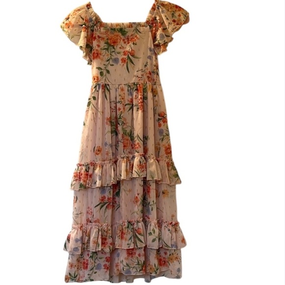 🆕 Girls RARE EDITIONS Smocked Floral Ruffle Dress Size S6/6X Mauve - Picture 1 of 10